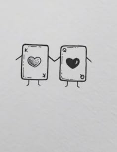 two playing cards with hearts on them are drawn in black and white, as if they were holding hands