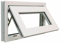 a white window with an open side opening and the top half missing, on a white background