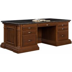 an office desk with granite top and drawers on the bottom, in dark wood finish