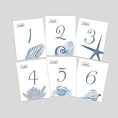 four cards with seashells and starfish on them, each showing the number five