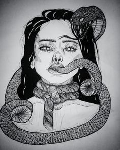 a drawing of a woman with a snake around her neck and the head of a snake wrapped around her neck