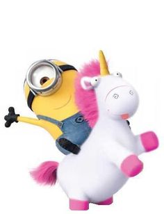 a minion riding on the back of a white horse next to a pink and yellow unicorn