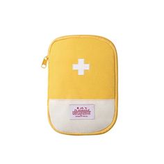 a yellow and white medical bag with a cross on it's front pocket, sitting against a white background