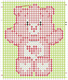 a cross - stitch teddy bear is shown in red, green and white circles on a yellow background