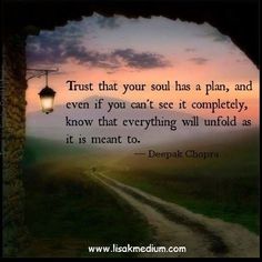 a dirt road with a light post in the middle and a quote about trust that your soul has a plan, and even if you can't see it completely know that everything will