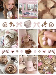 a collage of photos with pink and brown items on them including cookies, coffee mugs, doughnuts, teddy bear