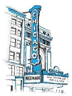 the chicago theater sign is drawn in blue ink