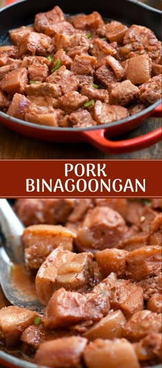 pork binagon in a skillet with the words pork binagon on it