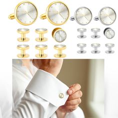 Features: 8Pcs Mens Creative Watch Cufflinks and Tuxedo Shirts Studs for Business Wedding Features: 【YOUR STYLE SECRET】 - Make a statement at your next formal event with these elegant cufflinks and studs. Crafted from premium polished brass with an electroplating process, our cuff links and studs are built to last and resist wear and tear. 【VERSATILE USAGE】 - Whether you're dressing up for a wedding, a black-tie gala, or a business meeting, these cufflinks and studs add a touch of class and sophistication to any outfit. Their timeless design makes them a versatile choice for most occasions. 【HOW TO WEAR】 - These cufflinks and studs are easy to use and secure. Simply slide the cufflinks through the buttonholes on your dress shirt's cuffs and fasten them with the clasp. The studs can be easi