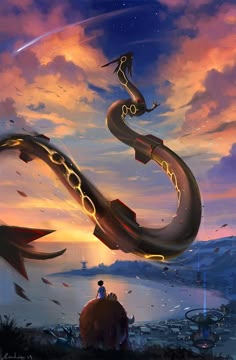 an image of a man sitting on top of a giant snake in front of a sunset