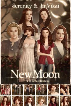 the poster for new moon is shown in several different colors and sizes, including one woman's face