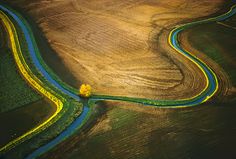 an aerial view of a winding road in the middle of a field with yellow and green grass