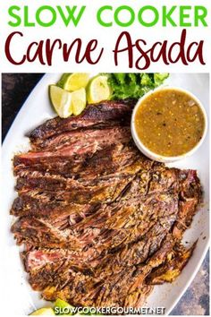 slow cooker carne asada on a white plate with garnishes