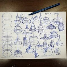 a bunch of different types of lamps on a piece of paper with a pencil next to it