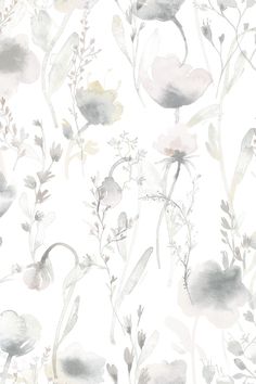 a white and grey floral wallpaper with lots of flowers