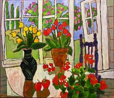 a painting of flowers in pots on a table