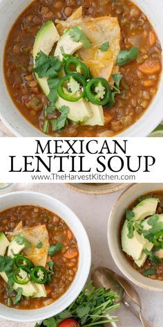 two bowls filled with mexican lentil soup and topped with avocado