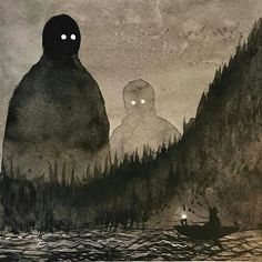 a black and white drawing of two people in a boat on the water, one with glowing eyes