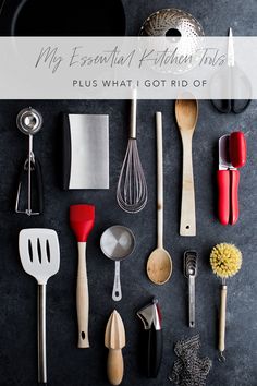 an assortment of kitchen utensils on a black surface with the words my essential flatware tools plus what i got rid of