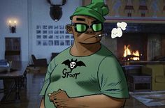 a cartoon man with green glasses and a skull on his shirt in a living room