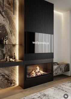 a modern fireplace in the middle of a living room with marble walls and flooring