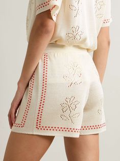 CALLE DEL MAR Dinner Party embroidered pointelle-knit shorts Party Shorts, White Party Outfit, Summer Party Outfit, Summer Style Guide, Flat Dress Shoes, Floral Dresses Short, Dress Flats, Pointelle Knit, Swimsuit Dress