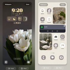 two iphone screens showing the same time and location as well as different flowers in them