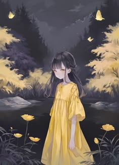 a painting of a girl in a yellow dress looking at the water with butterflies flying overhead