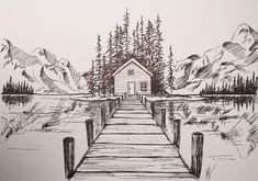 a drawing of a dock with a house on it and mountains in the background,