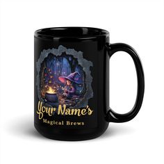 a black coffee mug with the name your name's musical brews on it