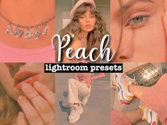 a collage of photos with the words peach on them and images of different models