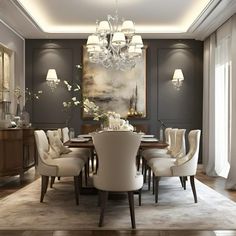 an elegant dining room with chandelier, chairs and artwork on the wall behind it