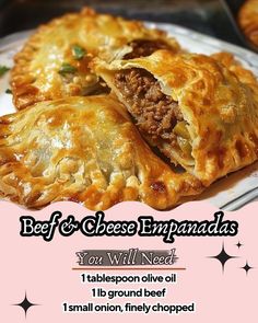 an advertisement for beef and cheese empanadas