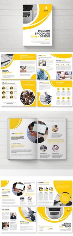 an image of a yellow and white brochure with many different images on it