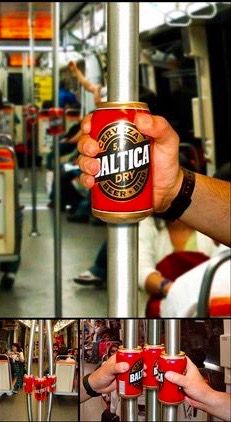 a person holding a can of beer on a pole in a subway car with other photos