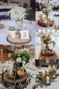 four different pictures of flowers and candles in vases on top of wooden slices with greenery around them