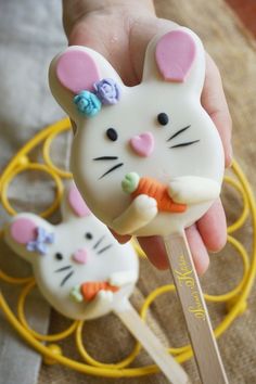 a close up of a person holding a cake on a stick with bunny ears and carrots