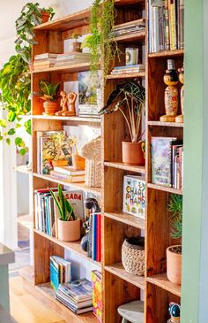 a book shelf filled with lots of books and plants