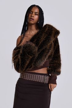 316 Off The Shoulder Fur Jumper in Brown Off Shoulder Jumper, Layered Knitwear, Wide Coat, Monster Hoodie, Tie Shirt, Oversized Jumper, Jaded London, Knitted Hood, Shearling Coat