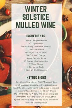 a recipe for winter solstice mulled wine on a table with apples and cinnamons