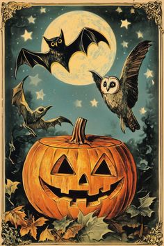 an image of halloween pumpkins with bats and owls on the front, flying in the air