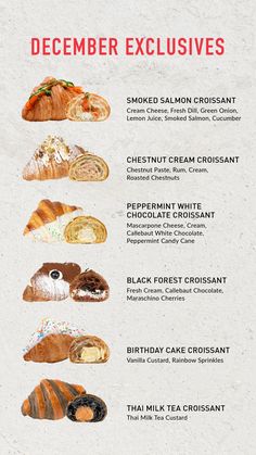 a menu with different types of pastries on it, including breads and croissants