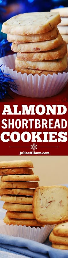 almond shortbread cookies stacked on top of each other