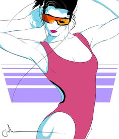 a drawing of a woman in a pink swimsuit with her hands behind her head