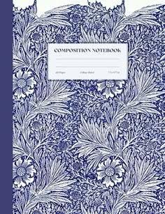 a blue and white book cover with an ornate pattern on the front, surrounded by flowers