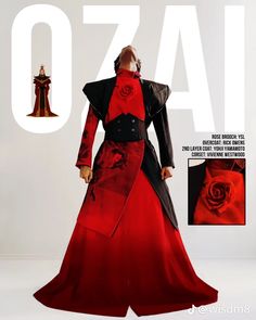 a woman in a long red and black dress with a rose on her lapel