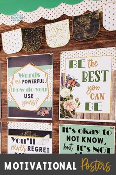 the words motivational posters are hanging on a wooden wall with polka dot trim around them