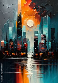 an abstract painting of a cityscape with the moon in the sky above it