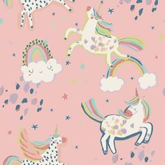 the unicorns are flying in the sky with stars and clouds on pink background wallpaper