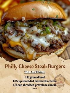 a cheese steak burger on a wooden table